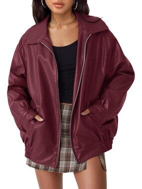 Women's Burgundy Oversized Faux Leather Jacket for Fall and Winter Outfits